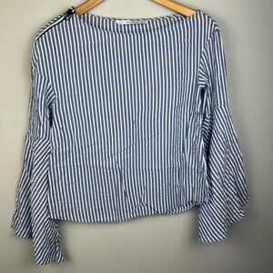 ZARA‎ Trafaluc Collection Blue White Stripe Bell Sleeve Zipper Detail Blouse XS